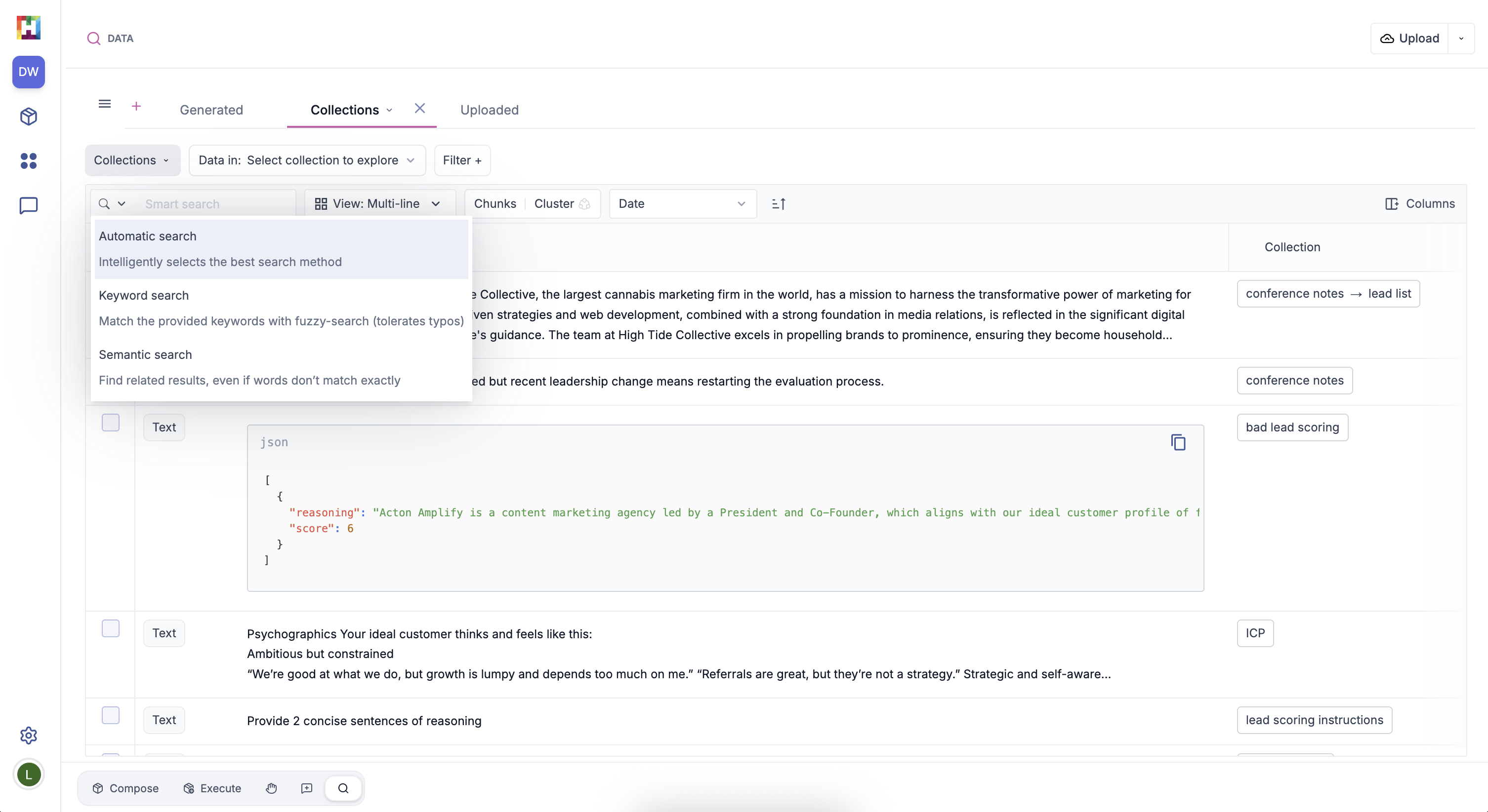 Search options in the data view