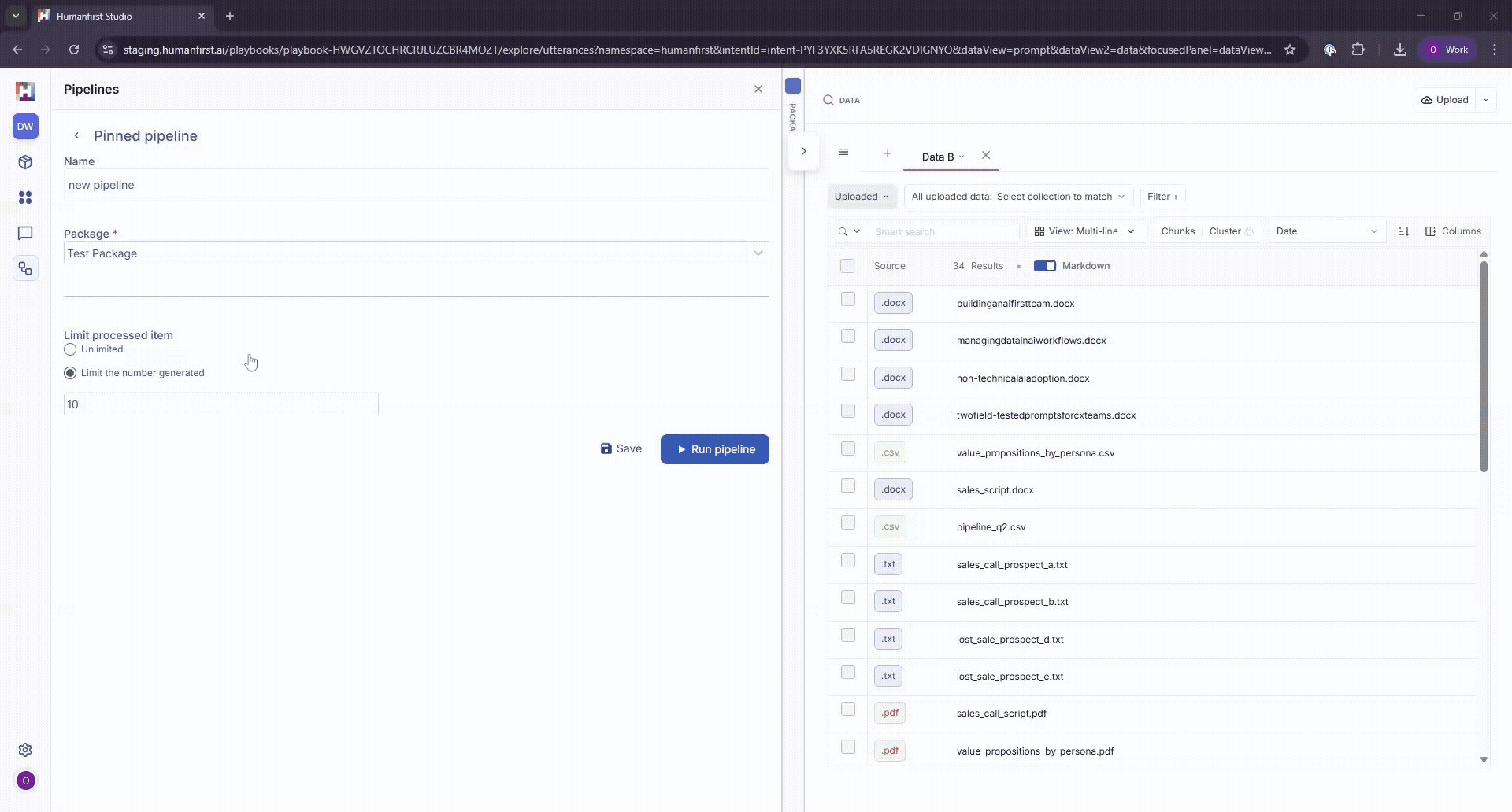 Configuring data view settings before running a pipeline
